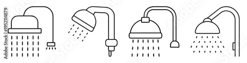 Minimalist line art showcasing a variety of shower heads and water flow