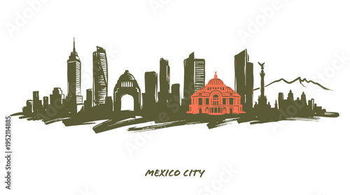 A stylized, artistic sketch of the Mexico City skyline, featuring prominent buildings and mountains in the background.