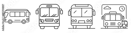 Line art illustration depicting different sized buses in black and white