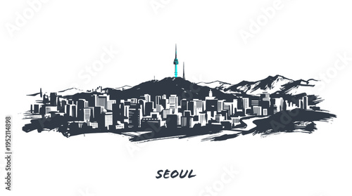 A stylized, monochromatic sketch of the Seoul skyline, featuring Namsan Tower atop a mountain, with numerous buildings and a hint of water.