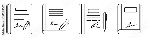 Four lined drawings of books with pens on a white background