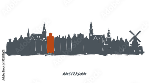 A stylized, minimalist skyline illustration of Amsterdam featuring iconic Dutch architecture, including gabled buildings and a windmill, with one building highlighted in orange.