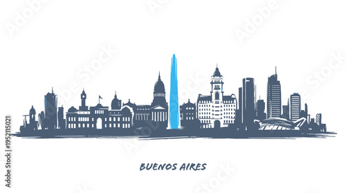 A detailed, artistic silhouette of the Buenos Aires skyline, featuring iconic landmarks like the Obelisco, rendered in shades of blue and gray against a white background.
