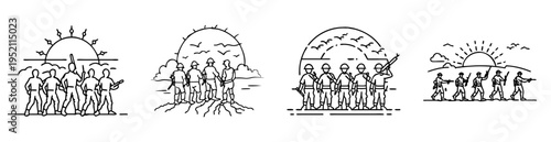 Four illustrations depicting groups of soldiers marching with variations of sunshine above them