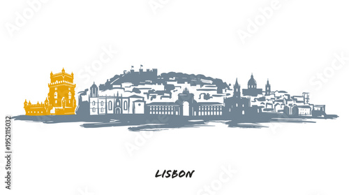 A stylized silhouette of the Lisbon skyline, featuring iconic landmarks like the Belém Tower in a prominent yellow hue against a grey cityscape.