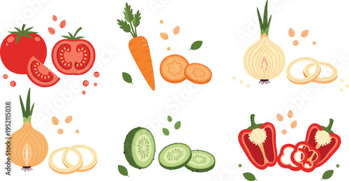 Fresh vegetables set with tomato carrot onion cucumber and bell pepper, sliced and whole organic food ingredients vector illustration collection