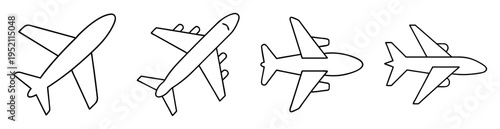 Outline vector image showing different views of commercial airplanes for graphic design