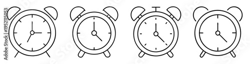 Line art illustration of vintage alarm clocks showing different times