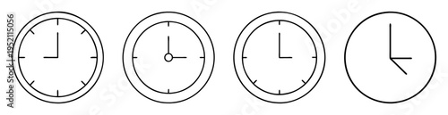 Four clock icons showing different times with minimalist design elements