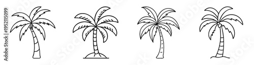 Minimalist vector line art illustration featuring four unique stylized palm trees