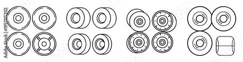 Black and white illustrations of various wheel types with different patterns
