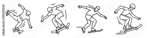 Collection of four line art skateboarders doing different positions and poses
