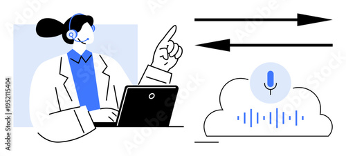 Customer support, voice communication, cloud services, technology integration, online services, AI tools. A professional pointing with headphones, laptop arrows and cloud microphone. Customer