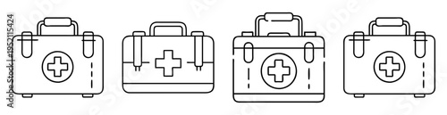 Four outlined first aid kit bags in a row showing a medical cross
