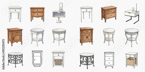 Set of various bedside tables and nightstands, including wooden, white, and round designs, isolated on a transparent background.