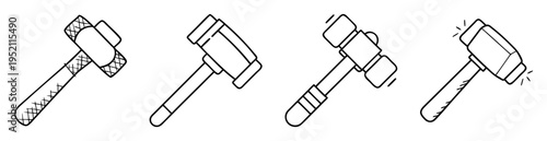 Four black and white illustrations of hammers, mallets, and similar tools