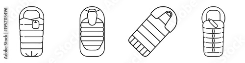 Black and white line art illustration of various sleeping bag designs