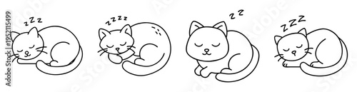 Four adorable cartoon cats sleeping peacefully in various curledup poses