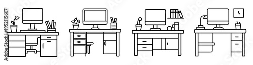 Collection of clean and minimal office desk icons in black and white