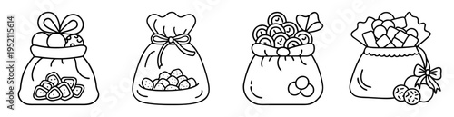 Four bags filled with various items such as balls, coins and candies