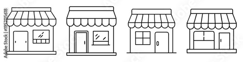 Four line art storefronts with awnings, doors, and different window styles
