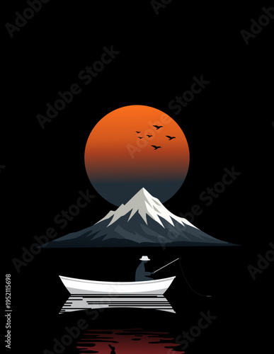 A minimalist digital illustration featuring a lone fisherman in a white boat on calm waters