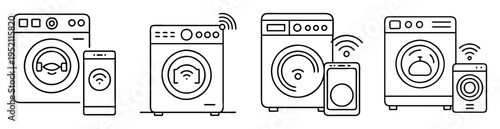 Modern Smart Washing Machines and Connected Devices in Simple Line Art