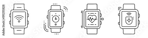 Smart watch icons displaying different functions and connectivity options depicted as graphics