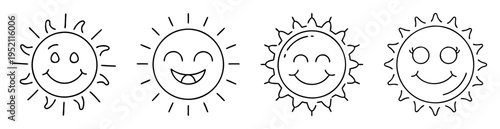 Four smiling cartoon suns with different ray styles and facial expressions