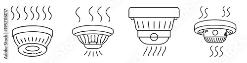 Linear illustration of different types of smoke detectors with smoke trails