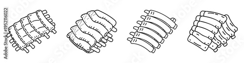Black and white sketch of different types of meat ribs in rows