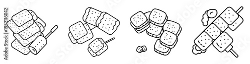Black and white line art drawings of s'mores with marshmallows on sticks