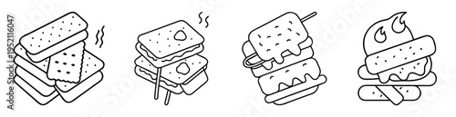Black and white line art illustration featuring four s'mores designs