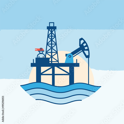 Offshore oil rig platform with pumpjack in the ocean.