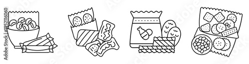 Various types of snacks and chips in wrappers and bags line art