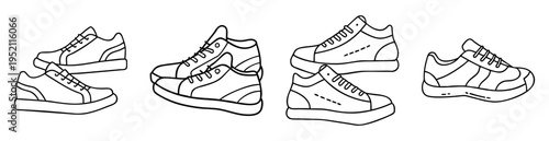Outline illustration of various pairs of stylish sneakers and high tops