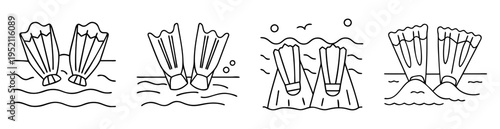 Monochromatic Line Art Depiction of Swimming Fins in Varied Aquatic Scenes