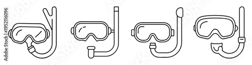 Line art showing multiple scuba diving masks with snorkel, isolated on white