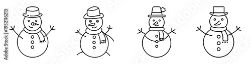 Four adorable black and white line art snowmen variations standing in a row