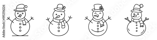 Line art drawing of four different snowman designs with hats and scarves