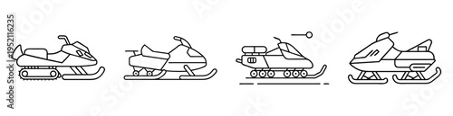 Four snowmobiles in a row, representing winter vehicles and transportation