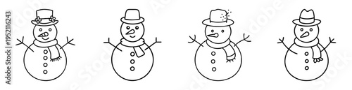 Four distinct and charming snowman characters standing in a row outline drawing
