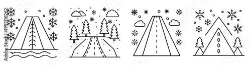 Monochrome outline winter scenes with mountains, trees, roads, and snowflakes