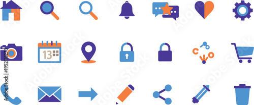 Colorful flat web interface icon set with search notification chat camera calendar shopping share and communication symbols