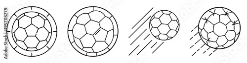 Black and white line drawings of stylized soccer balls in motion