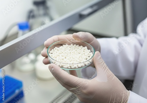 Scientist in gloves holding petri dish with white granules in laboratory