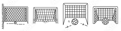 Four soccer goals with different net styles and ball positions in line art