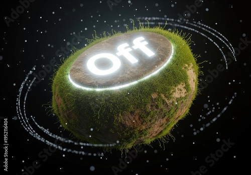 Earth Day Concept with Glowing Off Button on Mossy Rock in Space