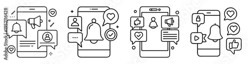 Smartphone notification icons illustrating alerts, messages, likes, comments, and social engagement