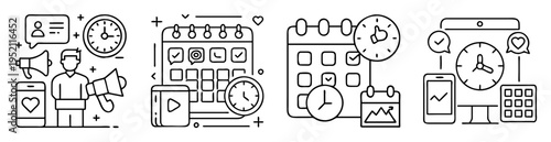 Diverse set of black and white line art icons depicting marketing and scheduling